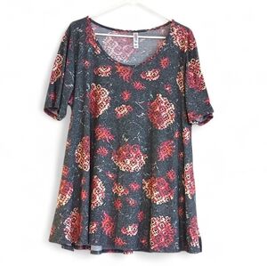 LuLaRoe Floral Short Sleeve Top Red Gray Boho Western Geometric Flowy Femme Plus